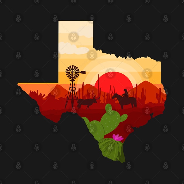 Texas USA illustration featuring a windmill, longhorn cattle, a cowboy and cacti by keeplooping