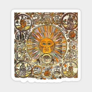 SUN AND MOON ,ZODIACAL SIGNS, ANTIQUE RUSSIAN ASTROLOGY  WOODCUT Magnet