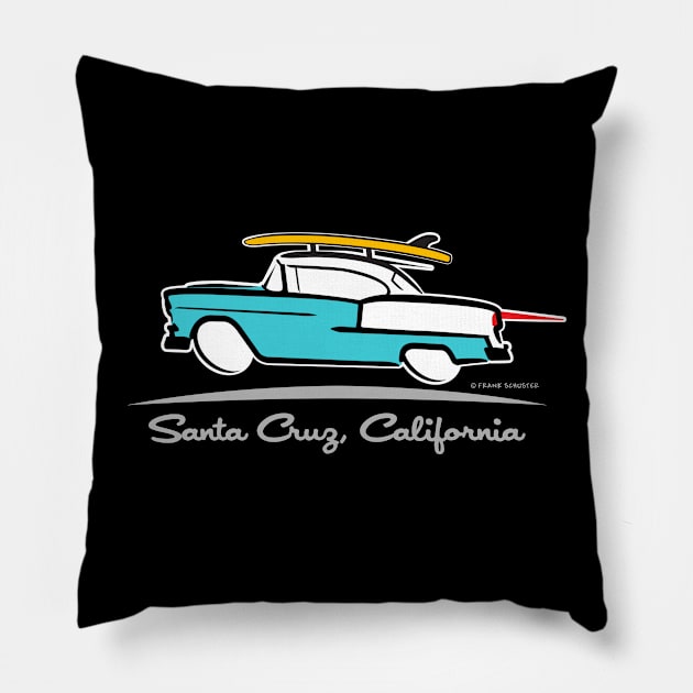 1955 Chevrolet Hardtop Coupe Santa Cruz California Gone Surfing Pillow by PauHanaDesign