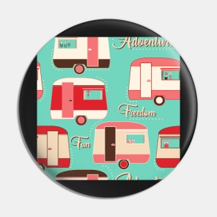 Repeat pattern of cute vintage caravans in retro colours pinks on turquoise Pin