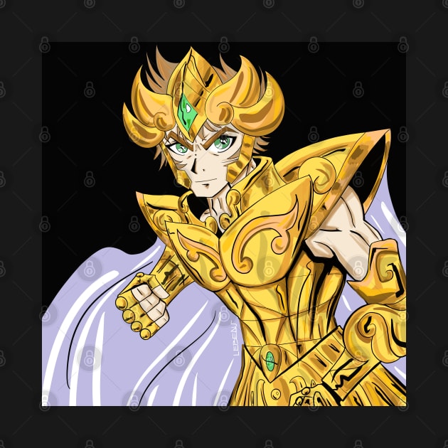 aioria of leo the gold saint in knights of the zodiac anime ecopop art by jorge_lebeau