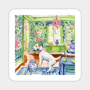 White terrier playing ball in chinoiserie interior Magnet