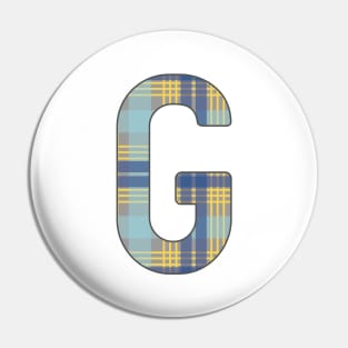 Monogram Letter G, Blue, Yellow and Grey Scottish Tartan Style Typography Design Pin