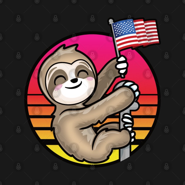 Kawaii Patriotic Sloth Holding USA Flag Retro Sun by PnJ