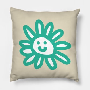 Cyan Daisy Flower Smiley Face Graphic Pillow