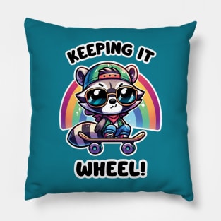 Keeping It Wheel! - Cute Skateboarding Raccoon With A Rainbow Pillow