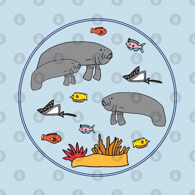 Manatee with colorful fish in circle by Anke Wonder 