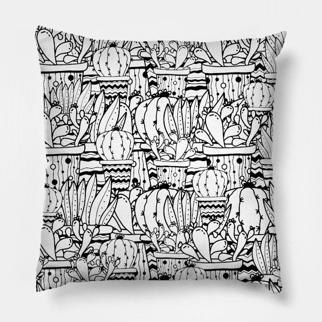 potted plants cactuses and succulents in doodle style Pillow by artverich