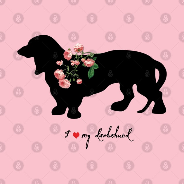 Cute Dachshund Dog Silhouette with Roses by LizzyizzyDesign