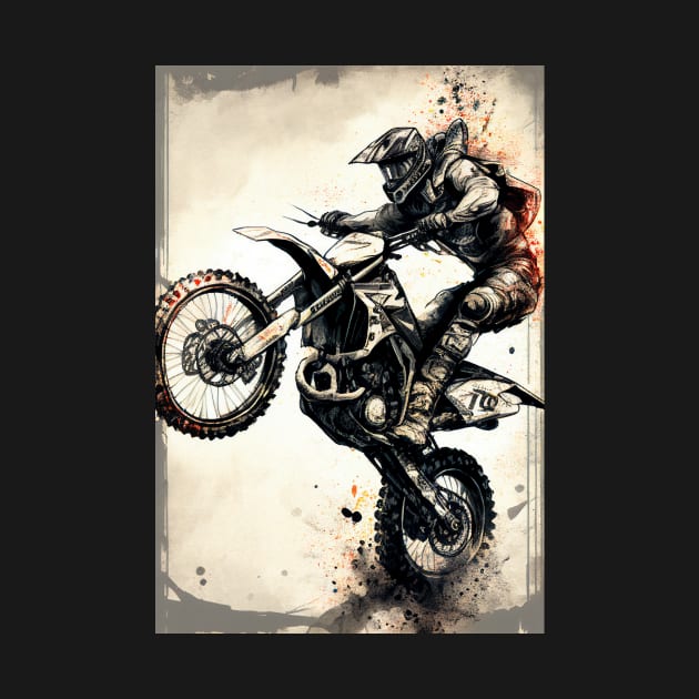 Dirt bike wheelie - splashed paint - tan background by KoolArtDistrict