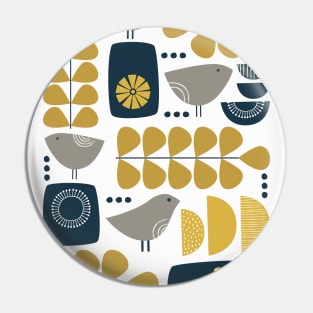 Retro Mid Century Modern Bird and Leaves in Navy Blue, Mustard Yellow and Grey Pin