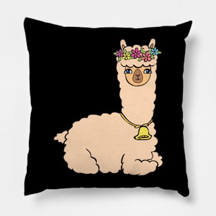 Alpaca with flowers and jingle bell. Pillow