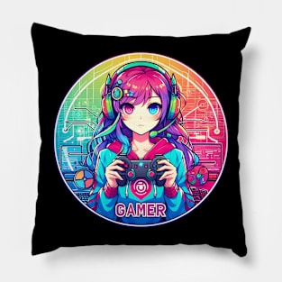 Neon Anime Manga gamer girl playing video games Pillow