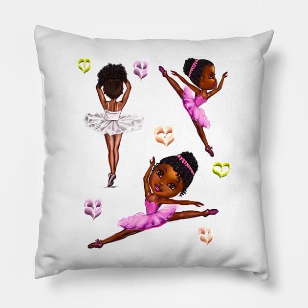 Ballet - Black ballerina girls with love hearts ! beautiful  African American  girls with Afro hair and dark brown skin wearing a pink tutu.Hair love ! Pillow by Artonmytee