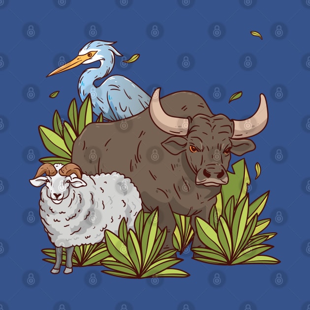 Sheep Bison Bird Hand Drawn by Mako Design 