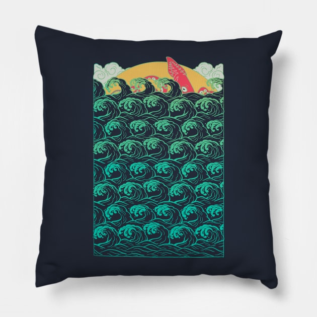 Squid on the waves Pillow by JuliaMinamata