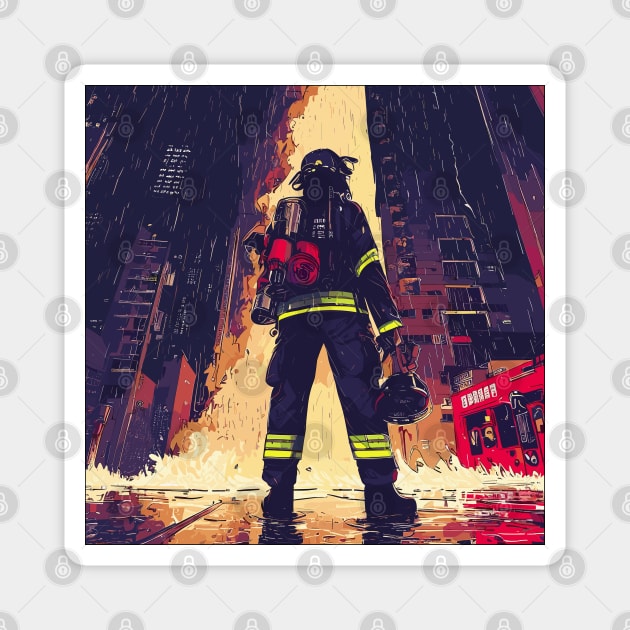 Fire - Anime firefighter fireman in a rainy city Magnet by TomFrontierArt