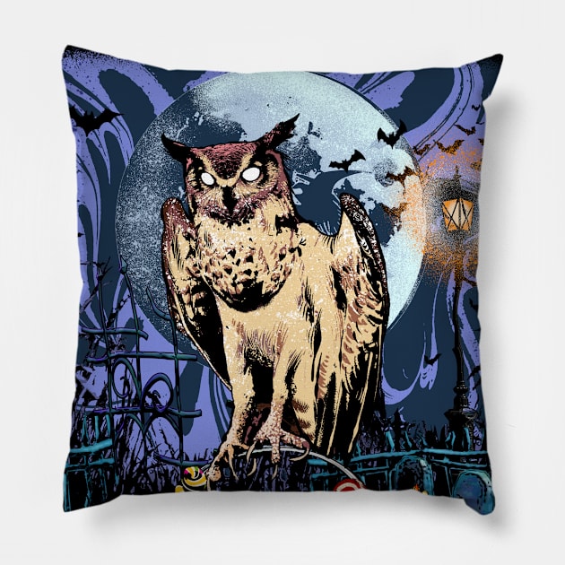 mysterious owl handing out halloween candy with spooky pumpkin bucket Pillow by gambar_corek