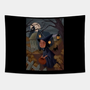 Halloween folk art witch and cat Tapestry