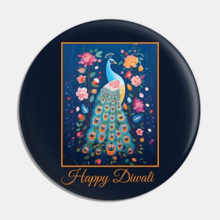 Blue Folk Art Peacock & Pink Flowers Happy Diwali Deepavali Celebration Pin