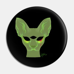 Three Eyed Creepy Sphynx Cat Spooky Green Horror Glowing Unique Edgy Punk Art Pin