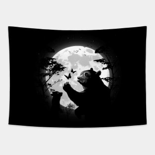 Mother bear playing with butterflies under the moon Tapestry