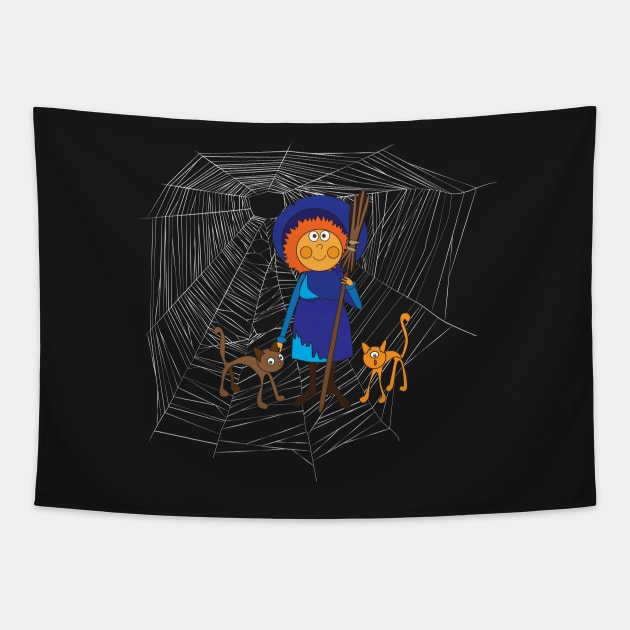 Witch and two cats on a spider's grid Tapestry by CatCoconut-Art