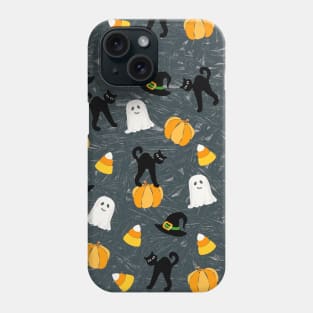 Cute Halloween Black Cat Pumpkin Ghost Witch Hat on Grey Crackle Phone Case