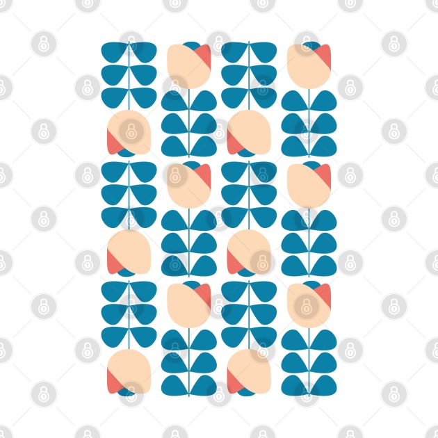 Retro Geometric Floral Pattern 1 in Celadon Blue, Peach, Coral and Yellow by tramasdesign