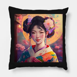 Geisha Japanese Anime Illustration Candy Colors Pillow