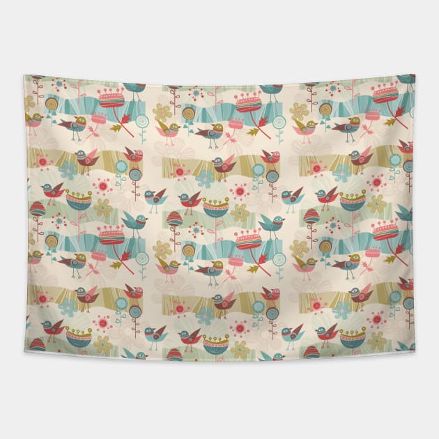 Bird and Flower Pattern Tapestry by AnnieWijaya