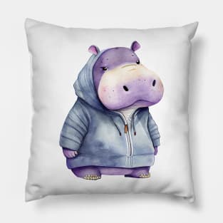 Cartoon Hippopotamus Wearing Hoodie Pillow