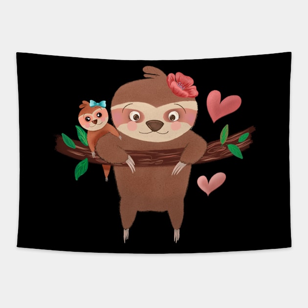 Cute baby sloth and mom Tapestry by PrintAmor