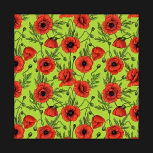 Poppies, red and green on lime green T-Shirt