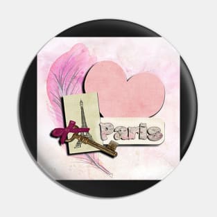 Paris France Pink Roses, Vintage Key and  Love Letters Eiffel Tower Pin