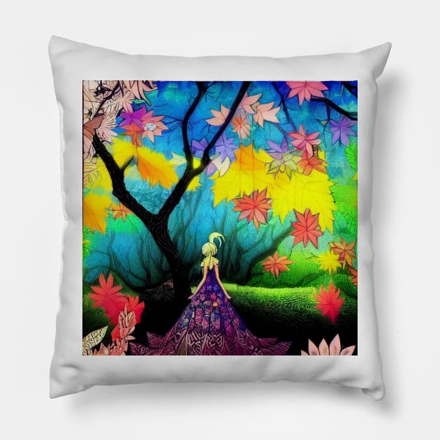 Anime Princess in Colourful Forrest - Colourful Artwork Pillow by Wear it Proudly