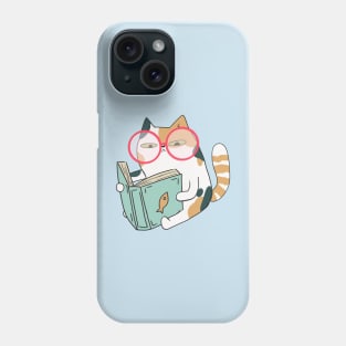 Cute Calico cat reading a book with glasses Phone Case