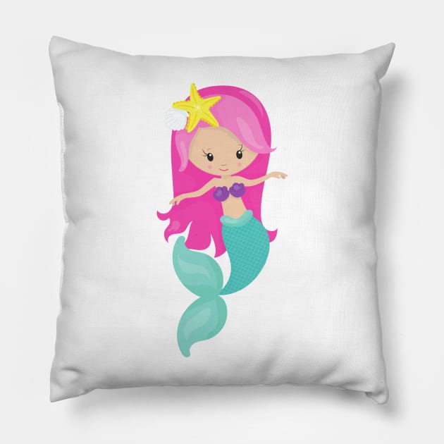 Cute Mermaid, Little Mermaid, Pink Hair, Starfish Pillow by Jelena Dunčević