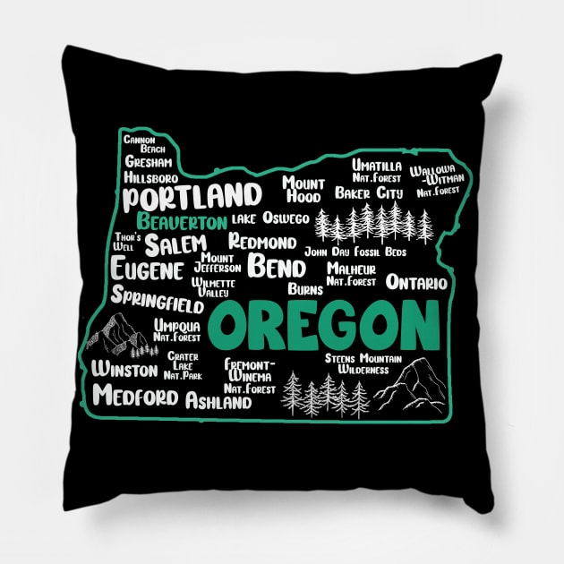 Cute map of Beaverton Oregon, Portland, Salem, Eugene, Springfield, Bend, Ontario, Medford Pillow by BoogieCreates