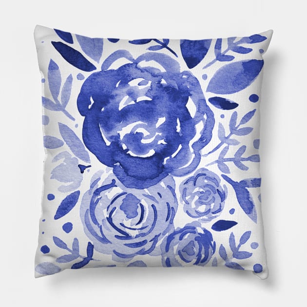 Watercolor roses bouquet - blue Pillow by wackapacka