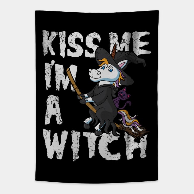 Halloween Kiss Me I'm A Witch Unicorn Cute Funny Tapestry by E