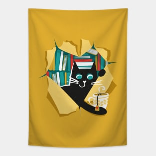 Bookish cat // black cat with tea mug teal neon red white and yellow books Tapestry