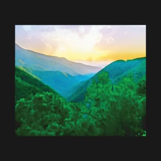 Smoky Mountains landscape sunset scene. Watercolour effect. T-Shirt