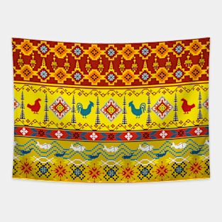 Cross Stitch, Ethnic Animal Pattern, Pixel Seamless Tapestry