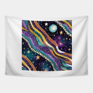 Geometric pattern of curved seamless stripes making a starry night with galaxy and stars Tapestry