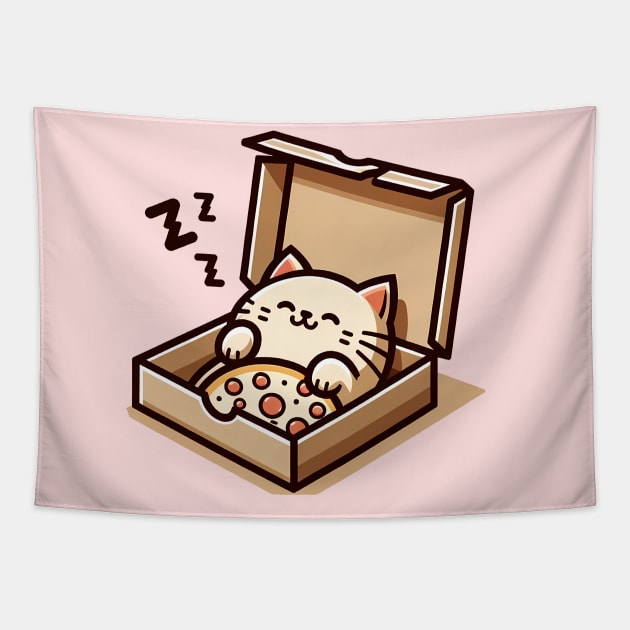 Cute Cat Sleeping inside Pizza Box Tapestry by dukito