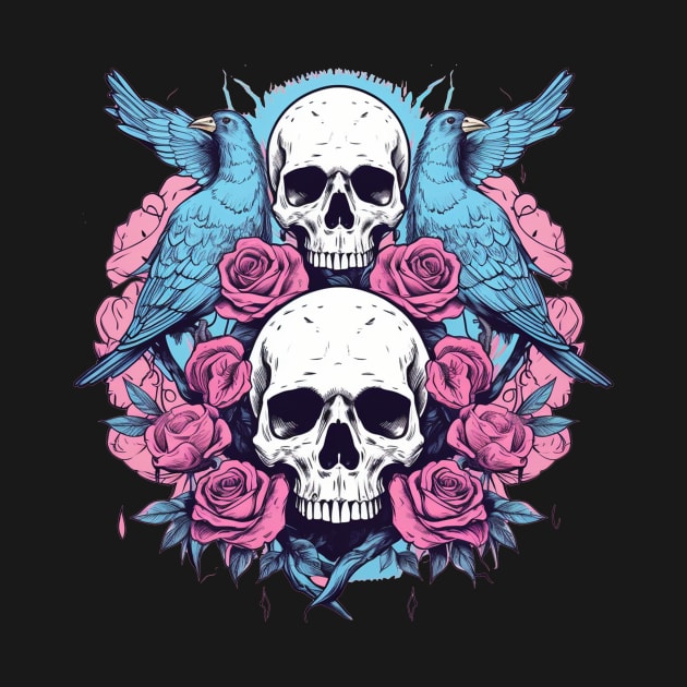 Double Skull With Flowers and Birds by TOKEBI