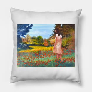 Woman girl walking in meadow zen yoga buddhism Pillow