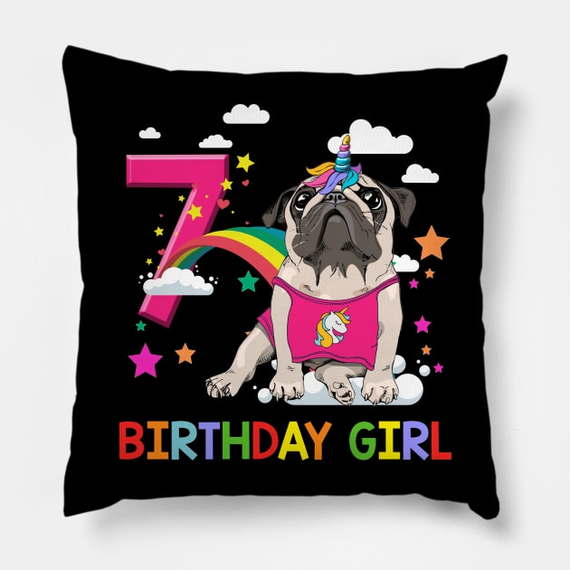 Pug Birthday - 7 Years Old Unicorn Pugicorn Party Pillow by martinyualiso