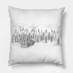 Woodland Retreat Log Cabin Drawing in Black and White Pillow